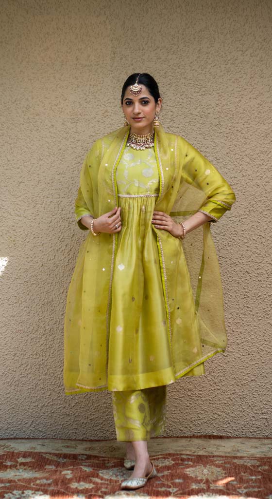 Lime Green Jaal Neck Butt Benarasi Kora Silk Kurta Set