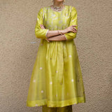 Lime Green Jaal Neck Butt Benarasi Kora Silk Kurta Set