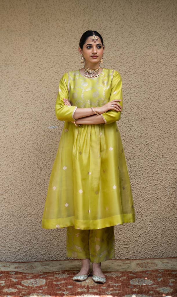 Lime Green Jaal Neck Butt Benarasi Kora Silk Kurta Set
