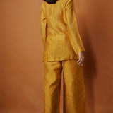 Metallic Gold Crushed Tissue Wrap Blazer Style Top Paired With Matching Pants