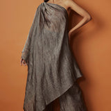 Metallic Silver Crushed Tissue Silk One Shoulder Draped Top With Matching Tssue Pants