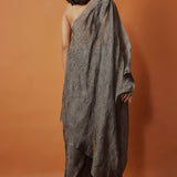 Metallic Silver Crushed Tissue Silk One Shoulder Draped Top With Matching Tssue Pants