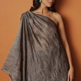 Metallic Silver Crushed Tissue Silk One Shoulder Draped Top With Matching Tssue Pants