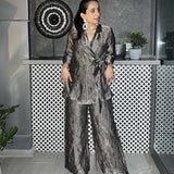 Metallic Silver Crushed Tissue Wrap Blazer Styled Top Paired With Matching Pants