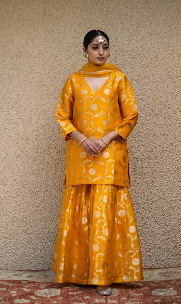 Orange Floral Jaal Benarasi Kora Silk Sharara Set