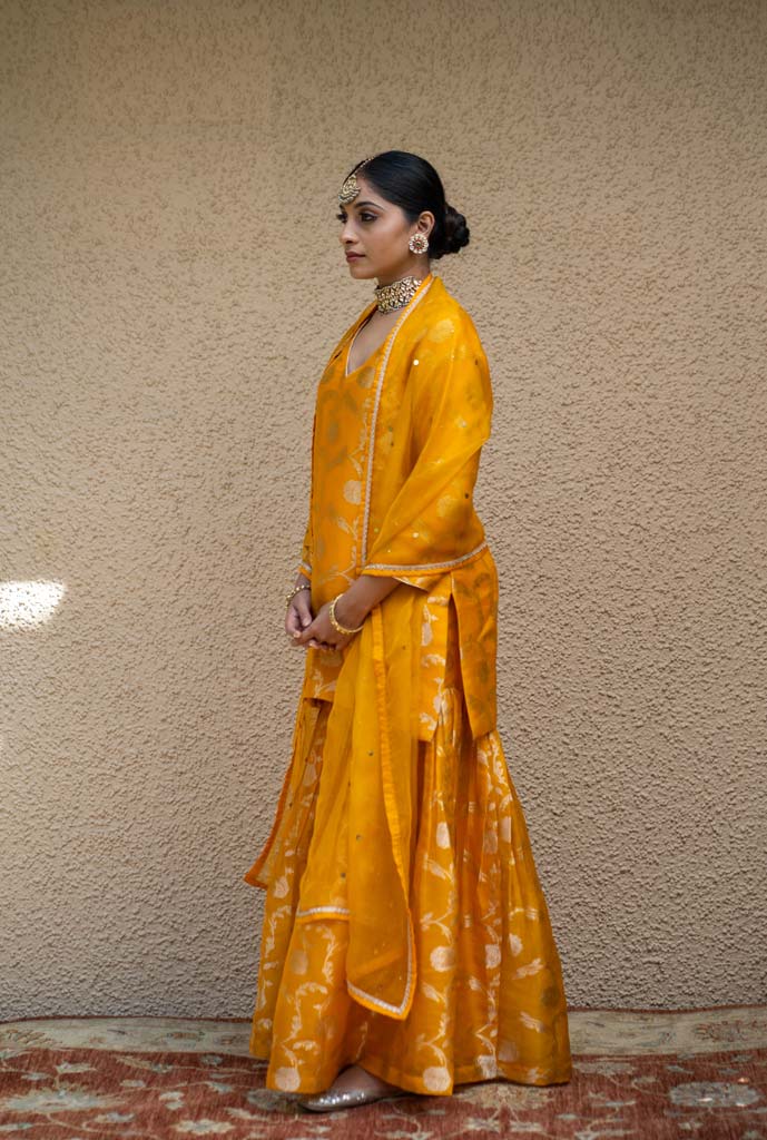 Orange Floral Jaal Benarasi Kora Silk Sharara Set