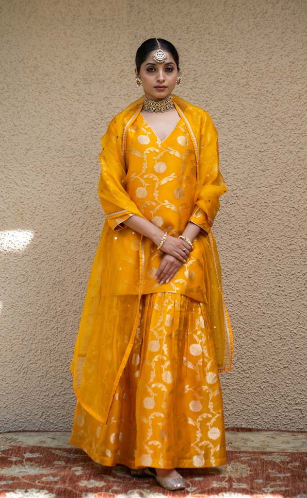 Orange Floral Jaal Benarasi Kora Silk Sharara Set