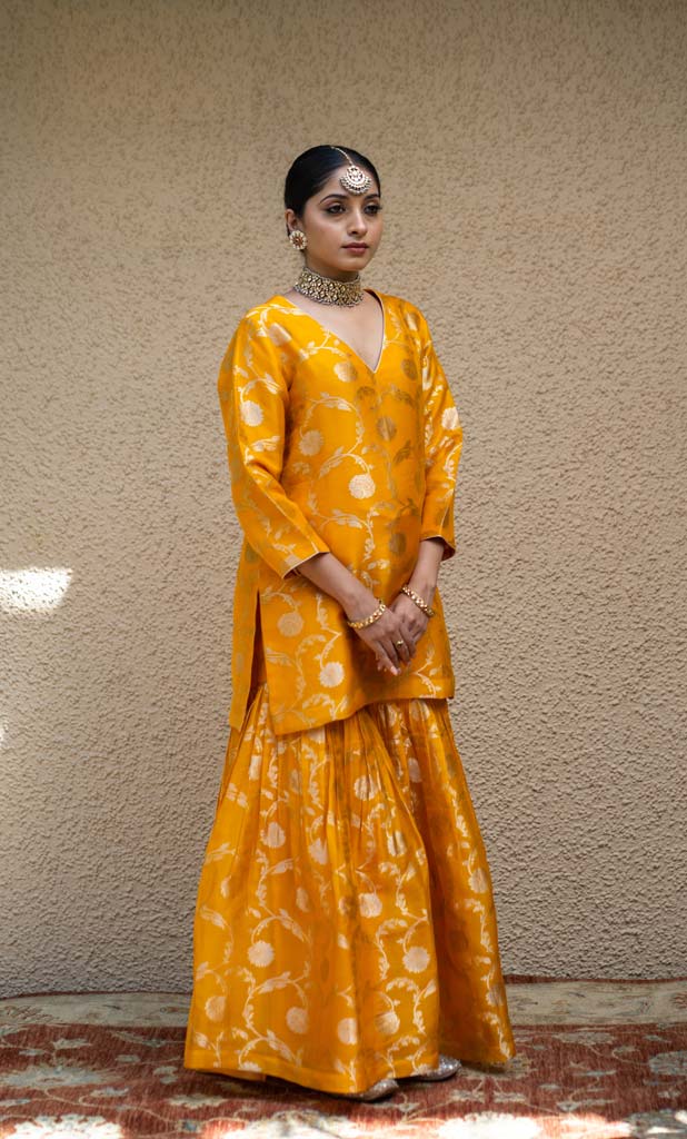 Orange Floral Jaal Benarasi Kora Silk Sharara Set