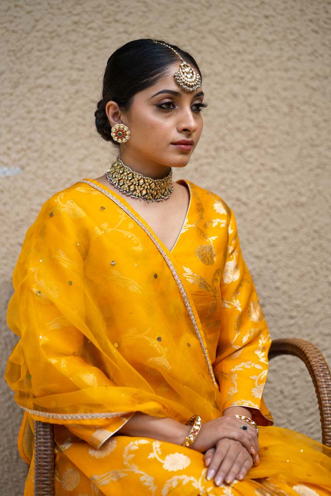 Orange Floral Jaal Benarasi Kora Silk Sharara Set