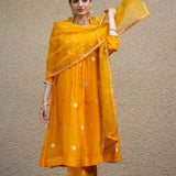 Orange Jaal Neck Butti Benarasi Kora silk Kurta Set