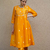 Orange Jaal Neck Butti Benarasi Kora silk Kurta Set