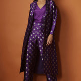 Purple Brocade Jacket Paired With Matching Brocade Pants And Shirt