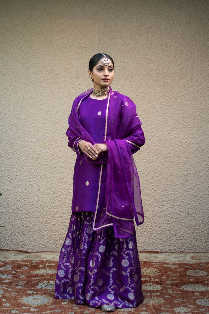 Purple Butti Floral Benarasi Kora Silk Sharara Set