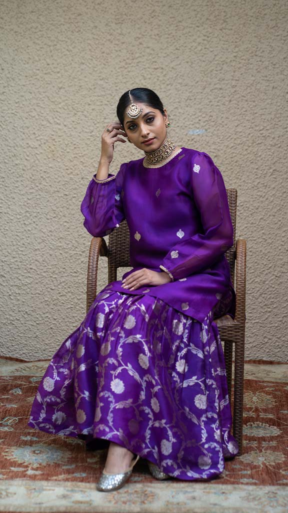 Purple Butti Floral Benarasi Kora Silk Sharara Set