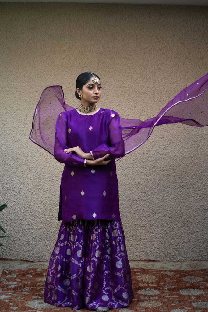 Purple Butti Floral Benarasi Kora Silk Sharara Set
