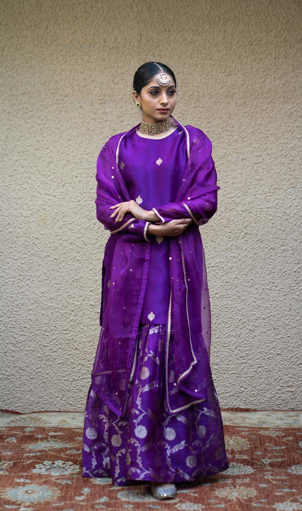 Purple Butti Floral Benarasi Kora Silk Sharara Set