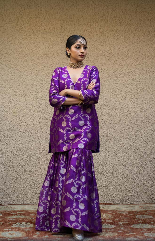 Purple Floral Jaal Benarasi Kora Silk Sharara Set
