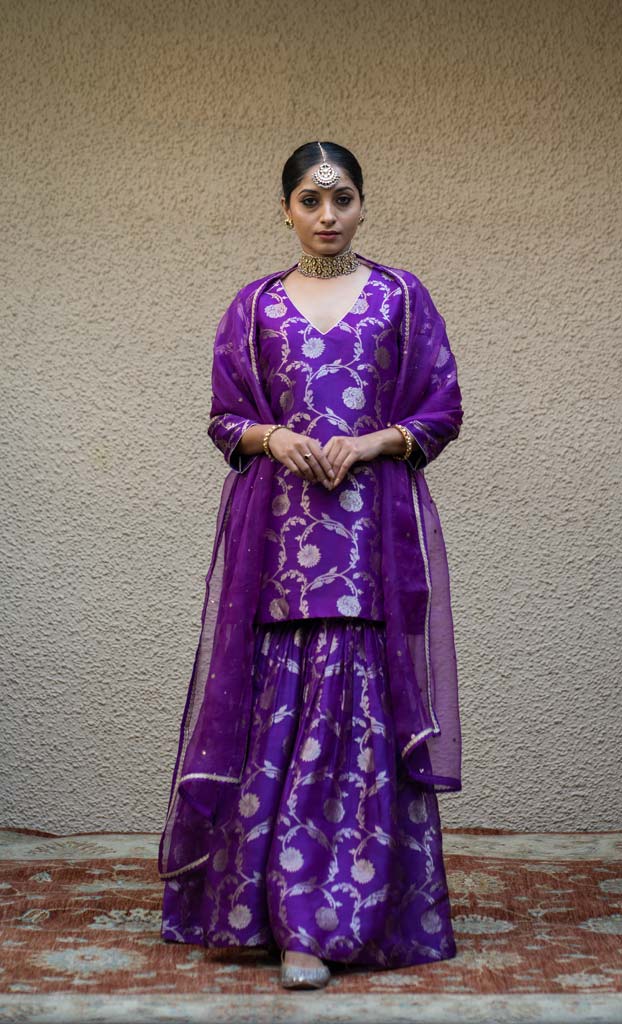 Purple Floral Jaal Benarasi Kora Silk Sharara Set
