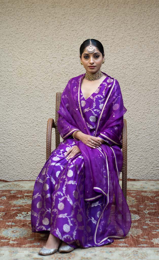 Purple Floral Jaal Benarasi Kora Silk Sharara Set