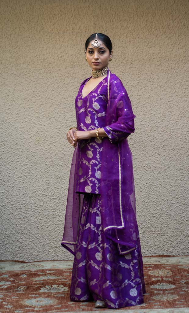 Purple Floral Jaal Benarasi Kora Silk Sharara Set