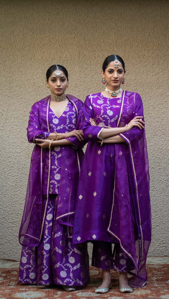 Purple Floral Jaal Benarasi Kora Silk Sharara Set