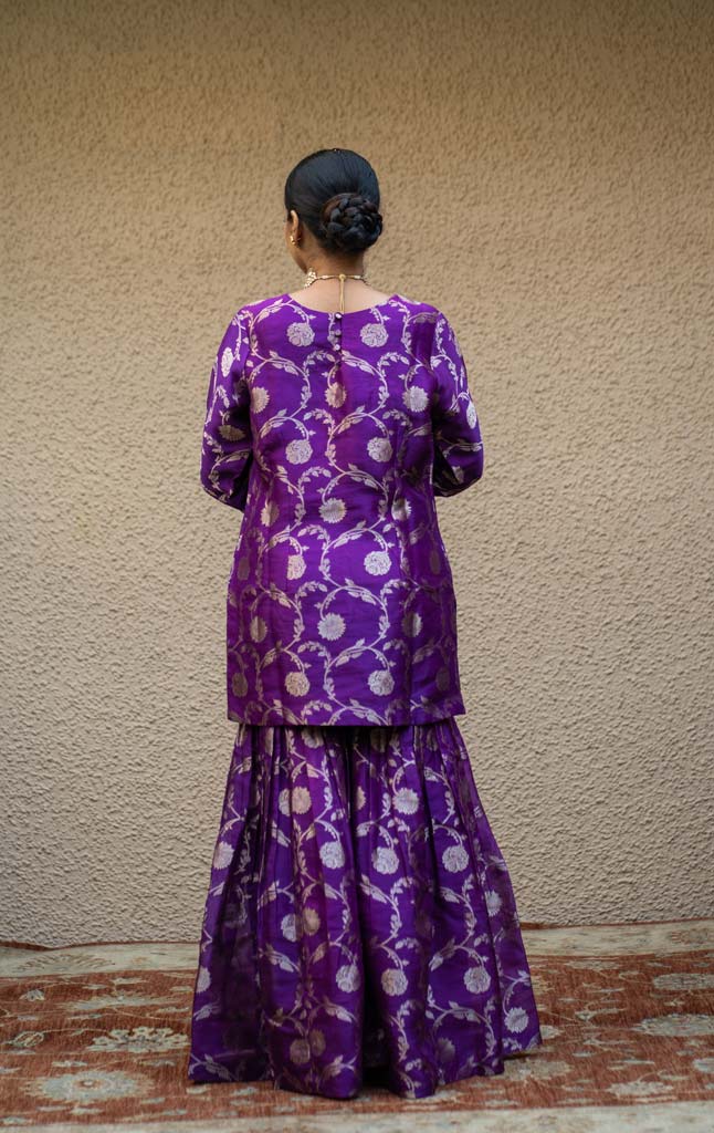 Purple Floral Jaal Benarasi Kora Silk Sharara Set