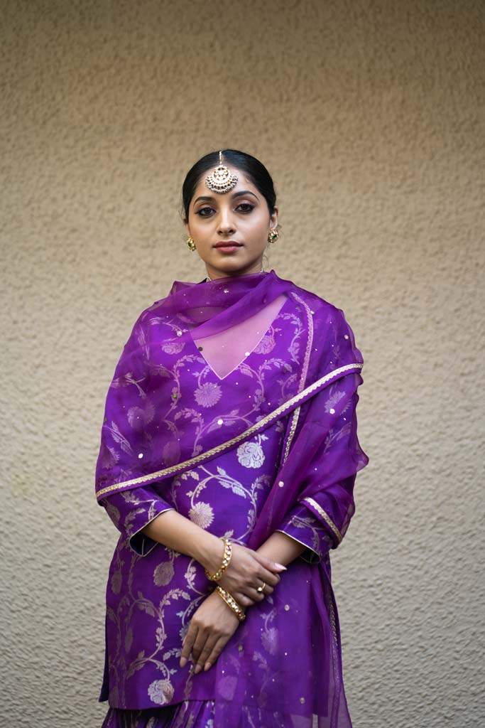 Purple Floral Jaal Benarasi Kora Silk Sharara Set