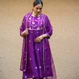 Purple Jaal Neck Butti Benarasi Kora Silk Kurta Set