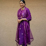 Purple Jaal Neck Butti Benarasi Kora Silk Kurta Set