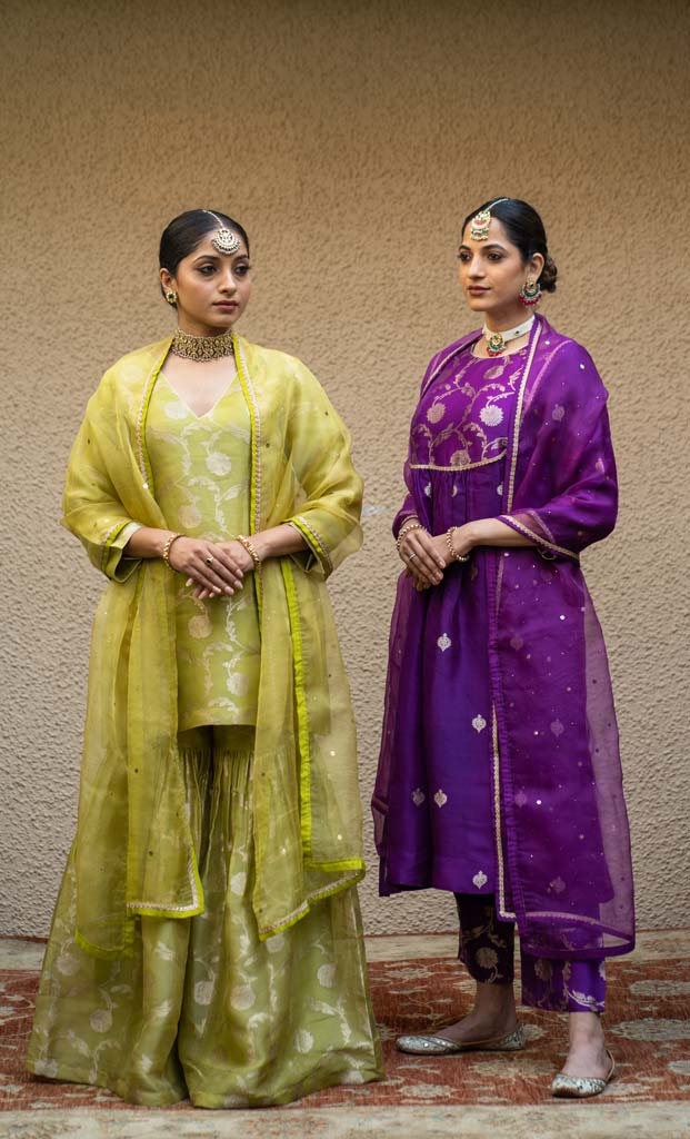 Purple Jaal Neck Butti Benarasi Kora Silk Kurta Set