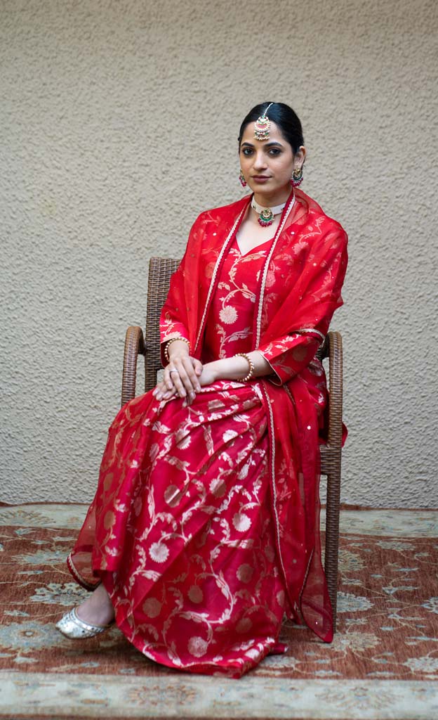 Red Floral Jaal Benarasi Kora Silk Sharara Set