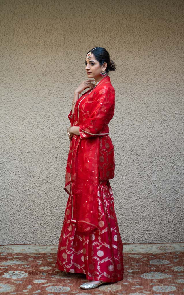 Red Floral Jaal Benarasi Kora Silk Sharara Set