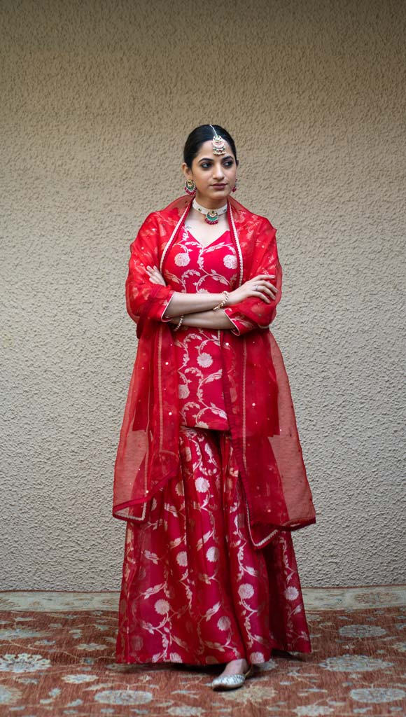 Red Floral Jaal Benarasi Kora Silk Sharara Set