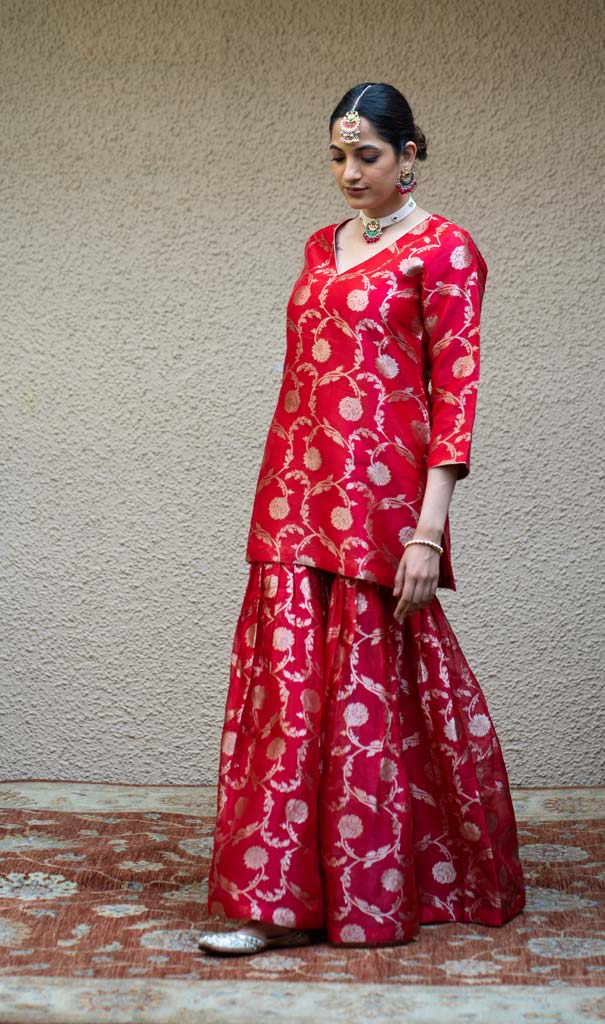 Red Floral Jaal Benarasi Kora Silk Sharara Set