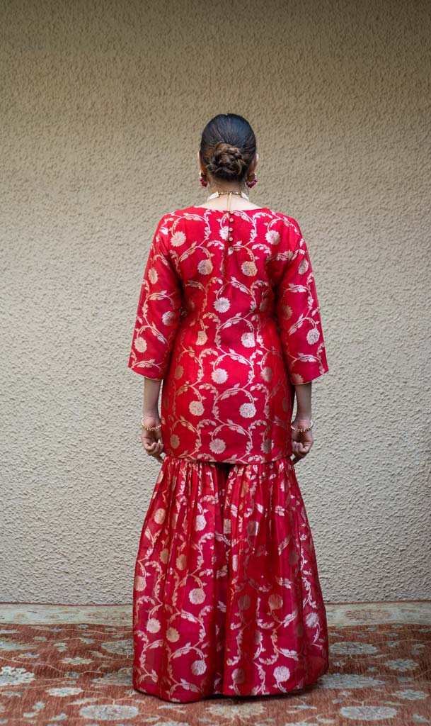 Red Floral Jaal Benarasi Kora Silk Sharara Set