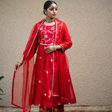 Red Jaal Neck Butti Benarasi Kora Silk Kurta Set