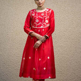 Red Jaal Neck Butti Benarasi Kora Silk Kurta Set