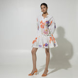 White Iris print Drawastring Linen Dress