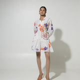 White Iris print Drawastring Linen Dress