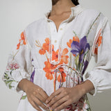 White Iris print Drawastring Linen Dress