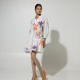 White Iris print Drawastring Linen Dress